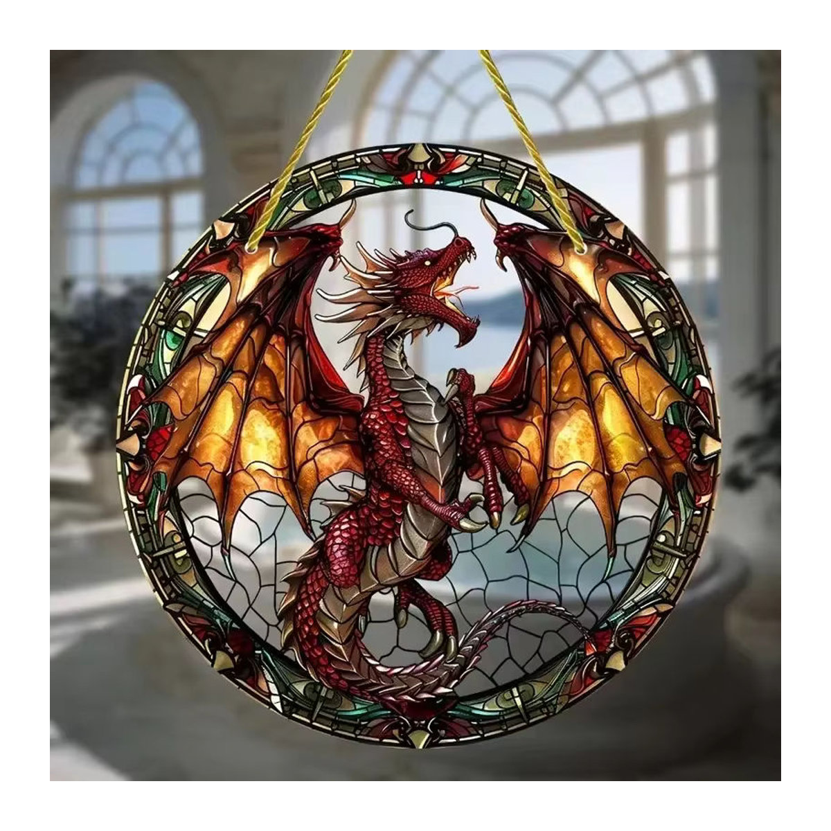 Potdemiel Fliegender Drache Buntglas-Sonnenfänger aus Acryl, runder Fenster-Hängefänger in Mehrfarbig, Orientalische Dekoration für Zuhause, Garten und Büro - Bild 4