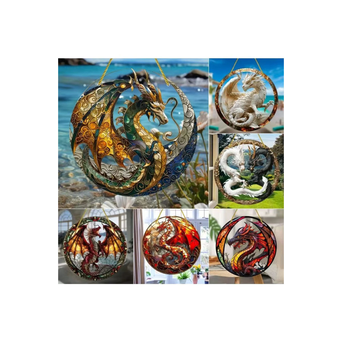 Potdemiel Fliegender Drache Buntglas-Sonnenfänger aus Acryl, runder Fenster-Hängefänger in Mehrfarbig, Orientalische Dekoration für Zuhause, Garten und Büro - Bild 6