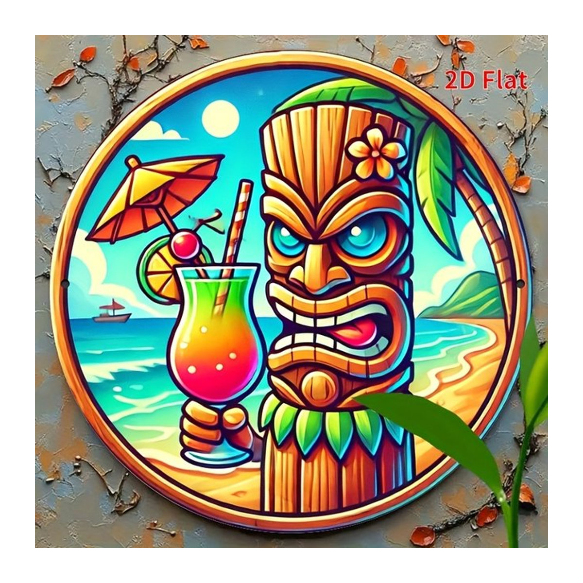 Potdemiel Hawaiianisches Tiki-Schild aus Metall in Vintage-Optik, rundes Aluminium-Wandkunst-Design mit tropischem Strand-Motiv, mehrfarbig, B/H: 20,3 x 20,3 cm - Bild 1
