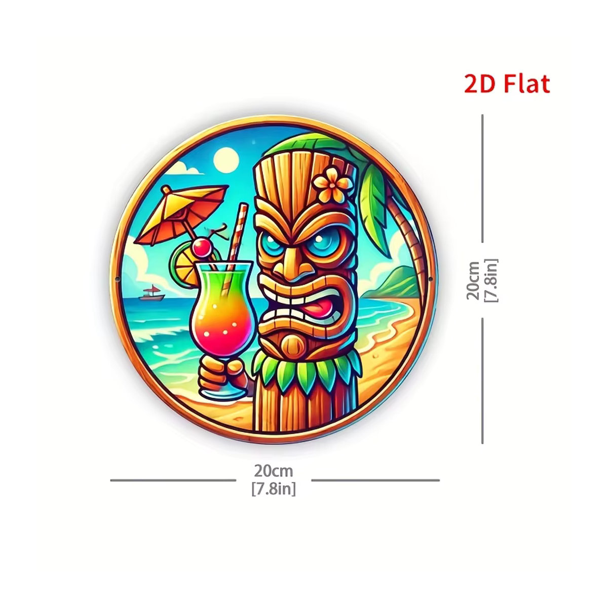 Potdemiel Hawaiianisches Tiki-Schild aus Metall in Vintage-Optik, rundes Aluminium-Wandkunst-Design mit tropischem Strand-Motiv, mehrfarbig, B/H: 20,3 x 20,3 cm - Bild 2