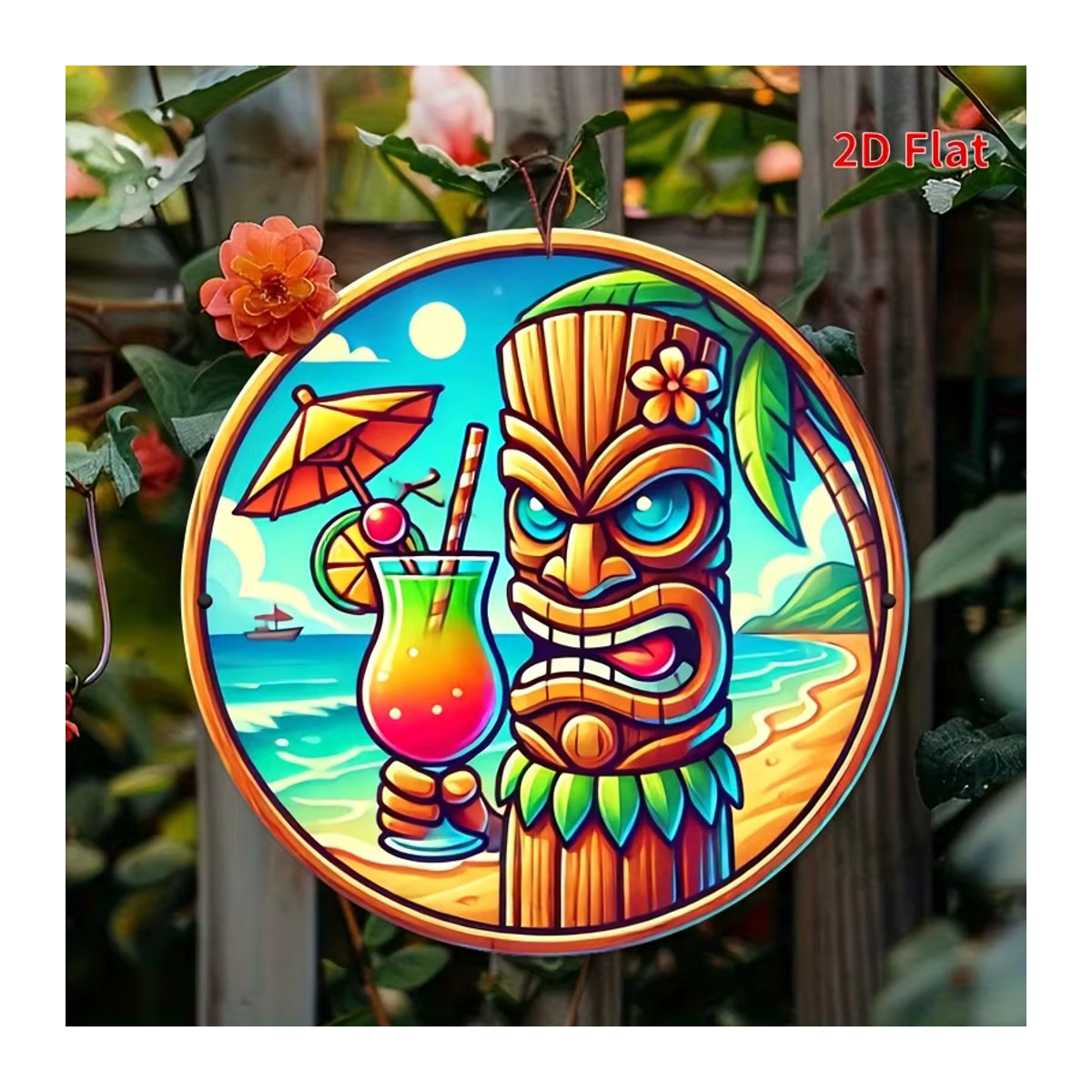 Potdemiel Hawaiianisches Tiki-Schild aus Metall in Vintage-Optik, rundes Aluminium-Wandkunst-Design mit tropischem Strand-Motiv, mehrfarbig, B/H: 20,3 x 20,3 cm - Bild 5