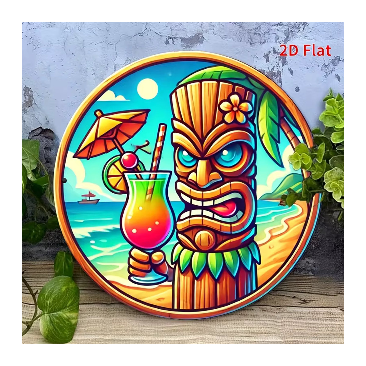 Potdemiel Hawaiianisches Tiki-Schild aus Metall in Vintage-Optik, rundes Aluminium-Wandkunst-Design mit tropischem Strand-Motiv, mehrfarbig, B/H: 20,3 x 20,3 cm - Bild 6