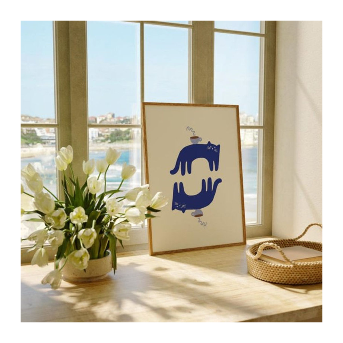 Potdemiel Kaffee-Katzen-Poster in Weiß als minimalistische Wanddekoration für Katzenliebhaber - Bild 1