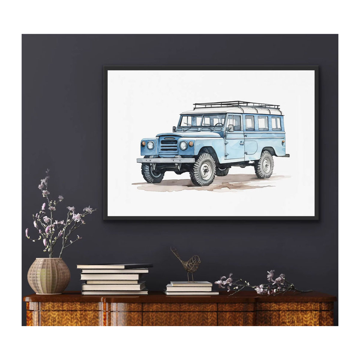 Potdemiel Klassisches Auto Aquarell Wandbild in Blau als Leinwand-Poster im Querformat - Bild 1