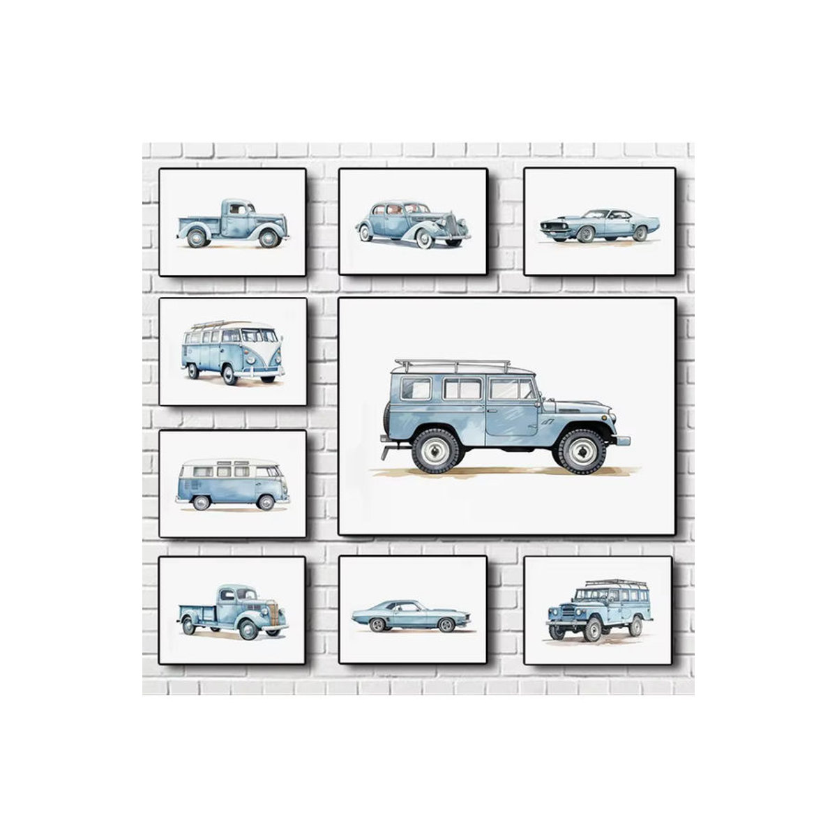 Potdemiel Klassisches Auto Aquarell Wandbild in Blau als Leinwand-Poster im Querformat - Bild 2