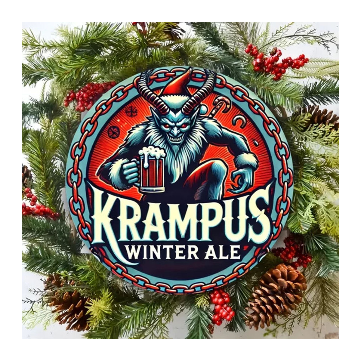 Potdemiel Krampus Winter Ale Rundes Wandschild aus Metall im Vintage-Stil, Mehrfarbig - Bild 1
