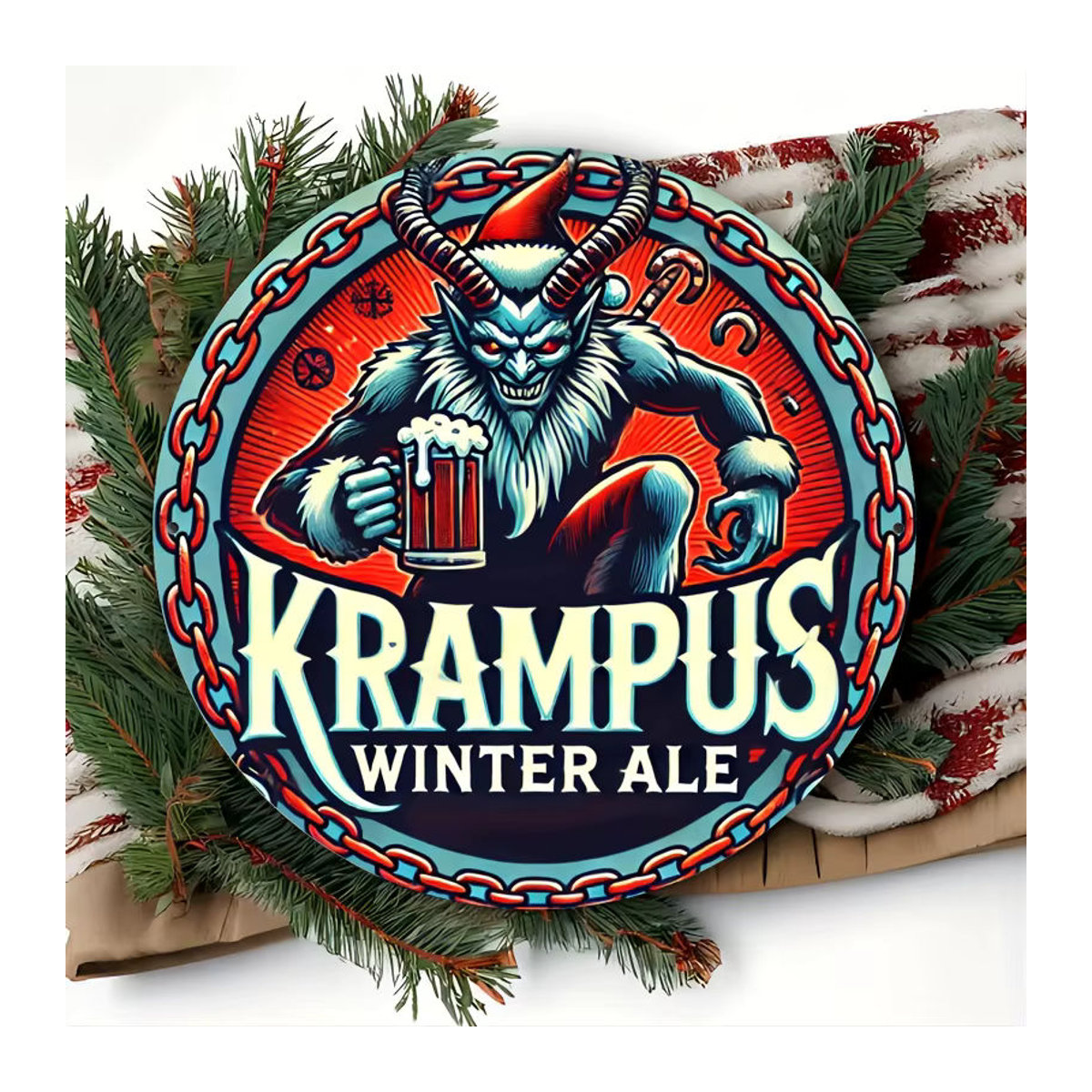 Potdemiel Krampus Winter Ale Rundes Wandschild aus Metall im Vintage-Stil, Mehrfarbig - Bild 5