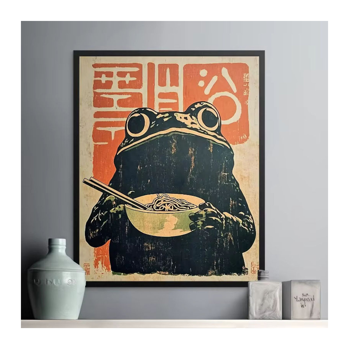 Potdemiel Leinwand-Kunstdruck im Art Déco Stil mit Frosch und Ramen, mehrfarbige Wanddekoration im Hochformat - Bild 1