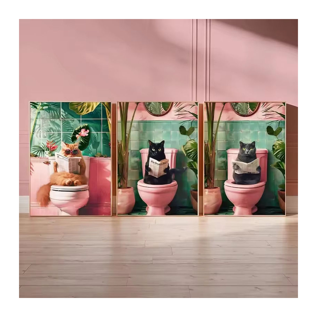 Potdemiel Leinwand-Poster Lustige Katze auf der Toilette beim Zeitungslesen, mehrfarbiges Wandbild für Badezimmer und Wohnzimmer, rahmenlos - Bild 1