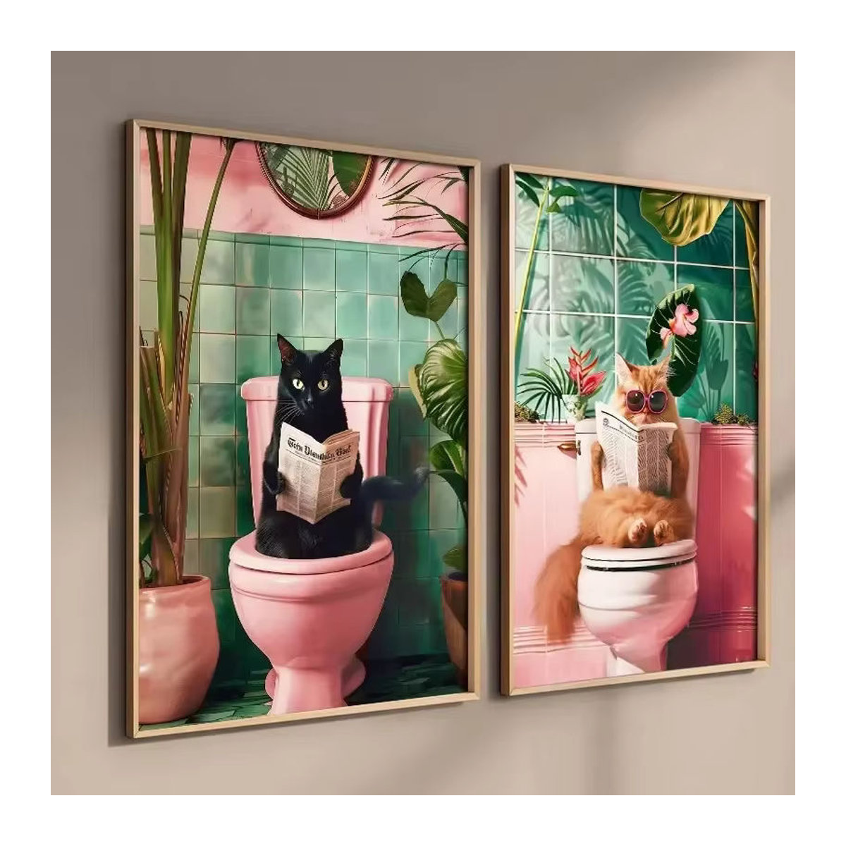 Potdemiel Leinwand-Poster Lustige Katze auf der Toilette beim Zeitungslesen, mehrfarbiges Wandbild für Badezimmer und Wohnzimmer, rahmenlos - Bild 2