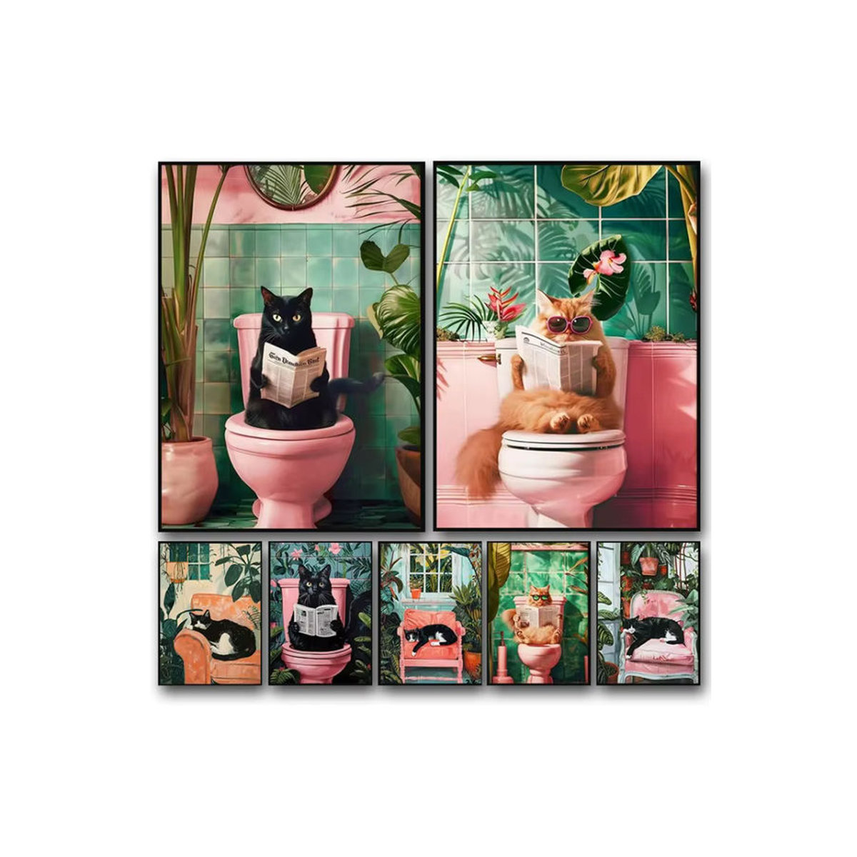 Potdemiel Leinwand-Poster Lustige Katze auf der Toilette beim Zeitungslesen, mehrfarbiges Wandbild für Badezimmer und Wohnzimmer, rahmenlos - Bild 4