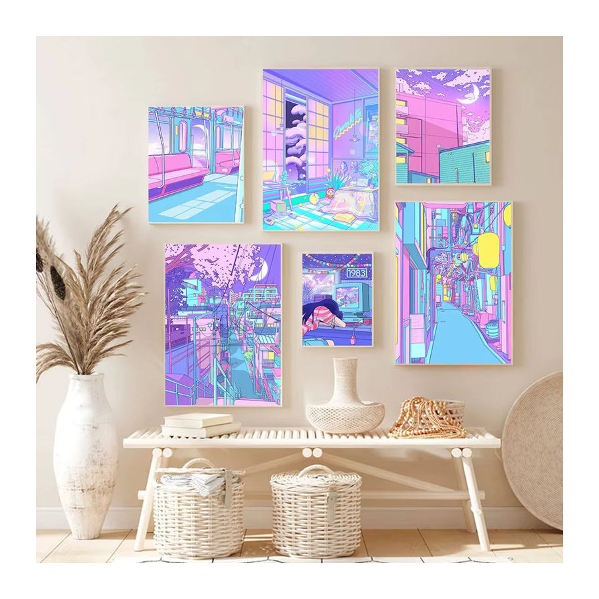 Potdemiel Leinwand Poster Vaporwave Neon City Street Japan Anime Mond Dekoration mehrfarbig - Bild 1