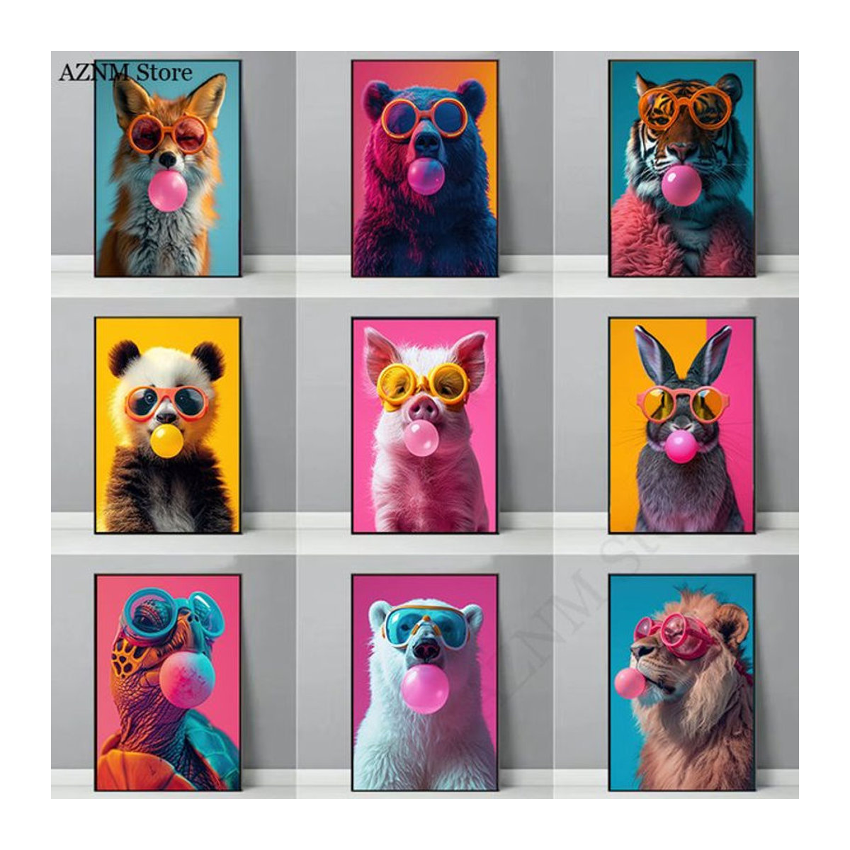 Potdemiel Leinwand Tierprint mit Löwe, Tiger und Zebra beim Kaugummiblasen, mehrfarbig, Wanddekoration für dein Wohnzimmer - Bild 1