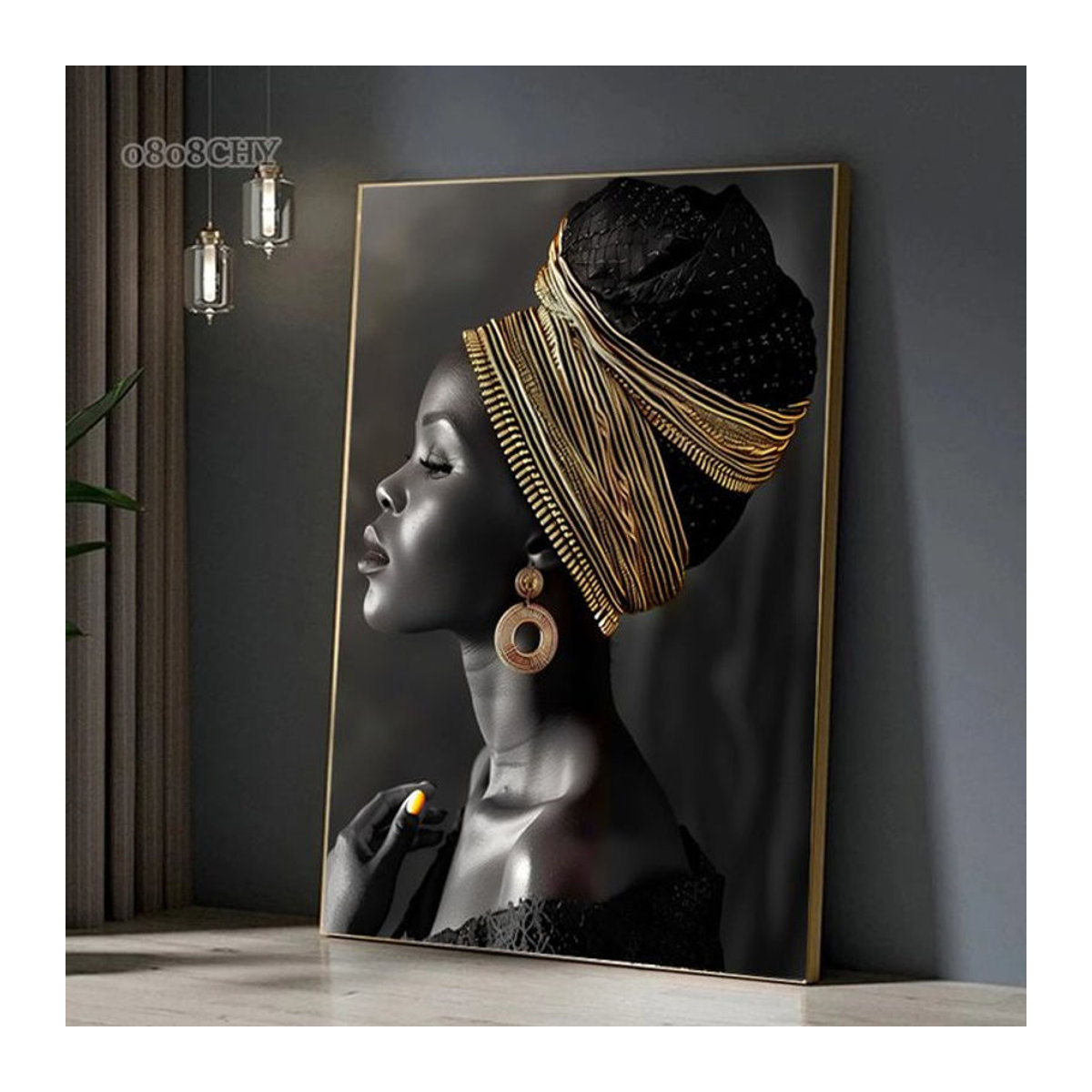 Potdemiel Leinwand Wandbild Afrikanische Frau mit Blumen Porträt in Schwarz Modernes Wanddekor Hochformat Rahmenlos - Bild 1