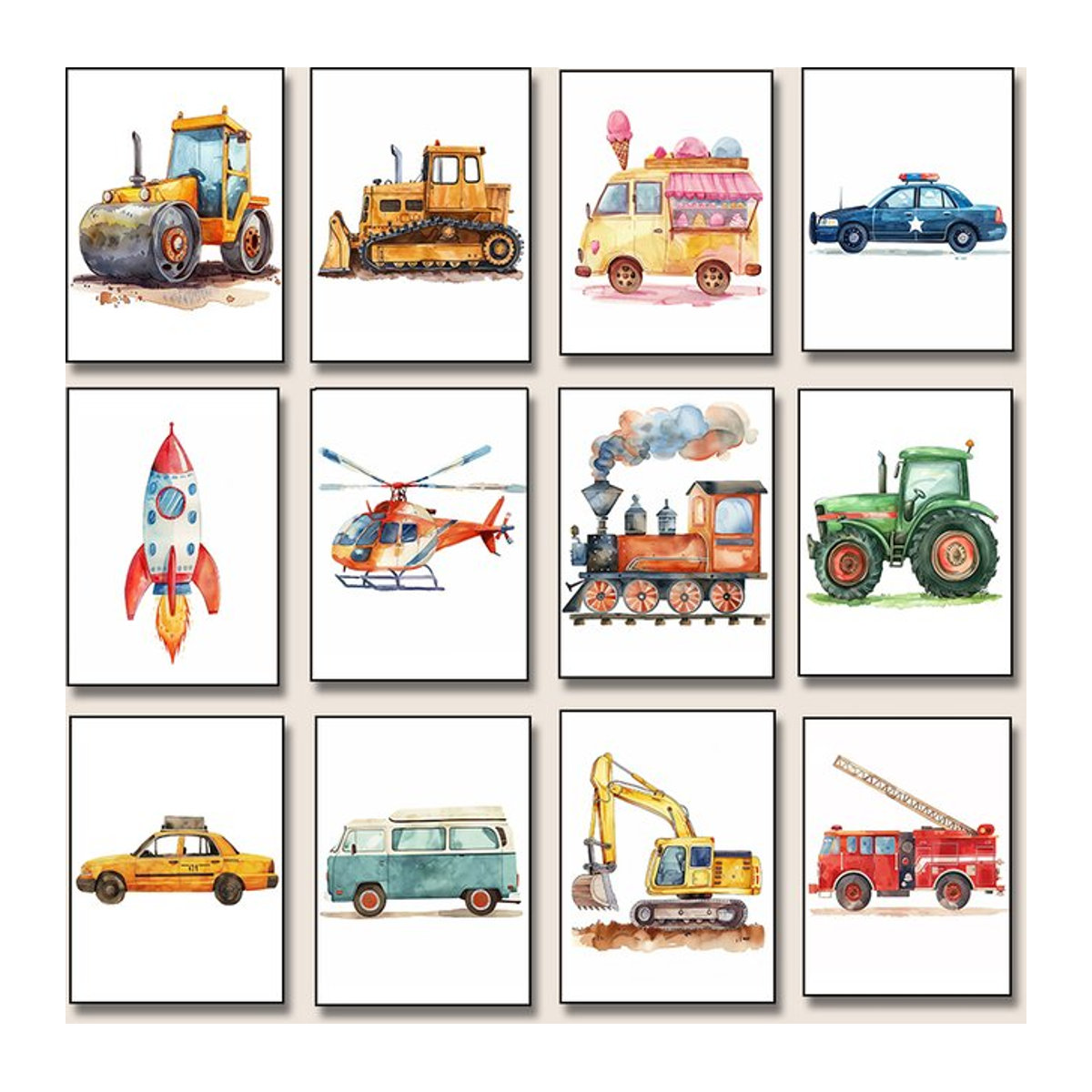 Potdemiel Leinwand Wandbild für Kinder mit Feuerwehrauto, Traktor und Flugzeug in skandinavischem Design, mehrfarbig, Hochformat - Bild 1