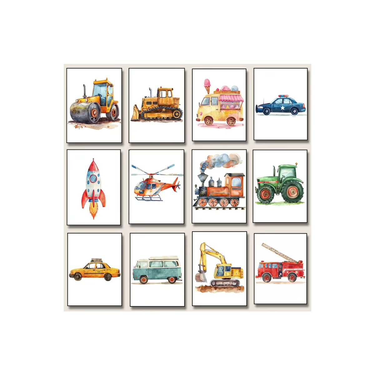 Potdemiel Leinwand Wandbild für Kinder mit Feuerwehrauto, Traktor und Flugzeug in skandinavischem Design, mehrfarbig, Hochformat - Bild 2