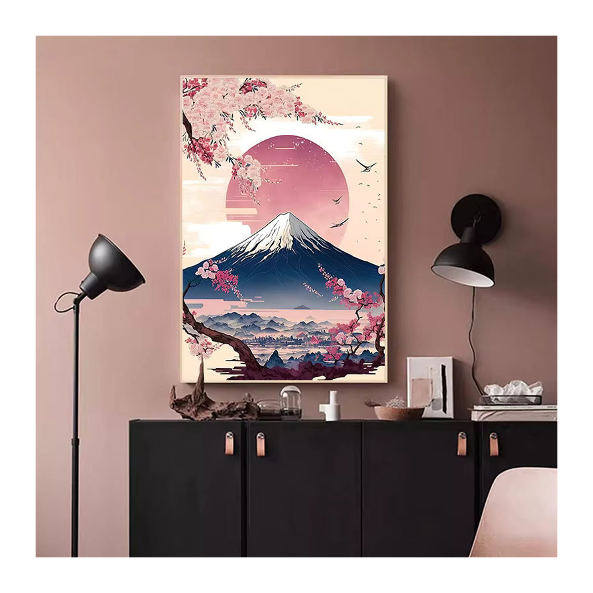 Potdemiel Leinwand Wandbild Japanische Kirschblüte und Fuji Mountain Sunset Landschaft im Querformat, mehrfarbig - Bild 2