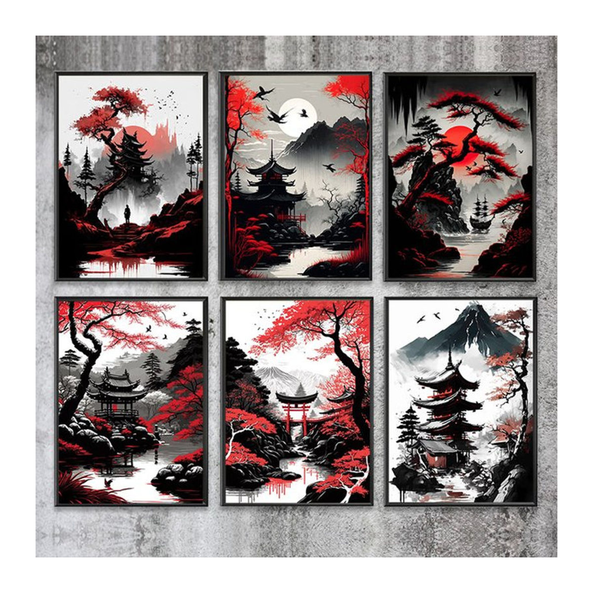 Potdemiel Leinwand Wandbild Japanische Landschaft mit Berg und Tempel in Rot Schwarz Weiß im Vintage Stil - Bild 1