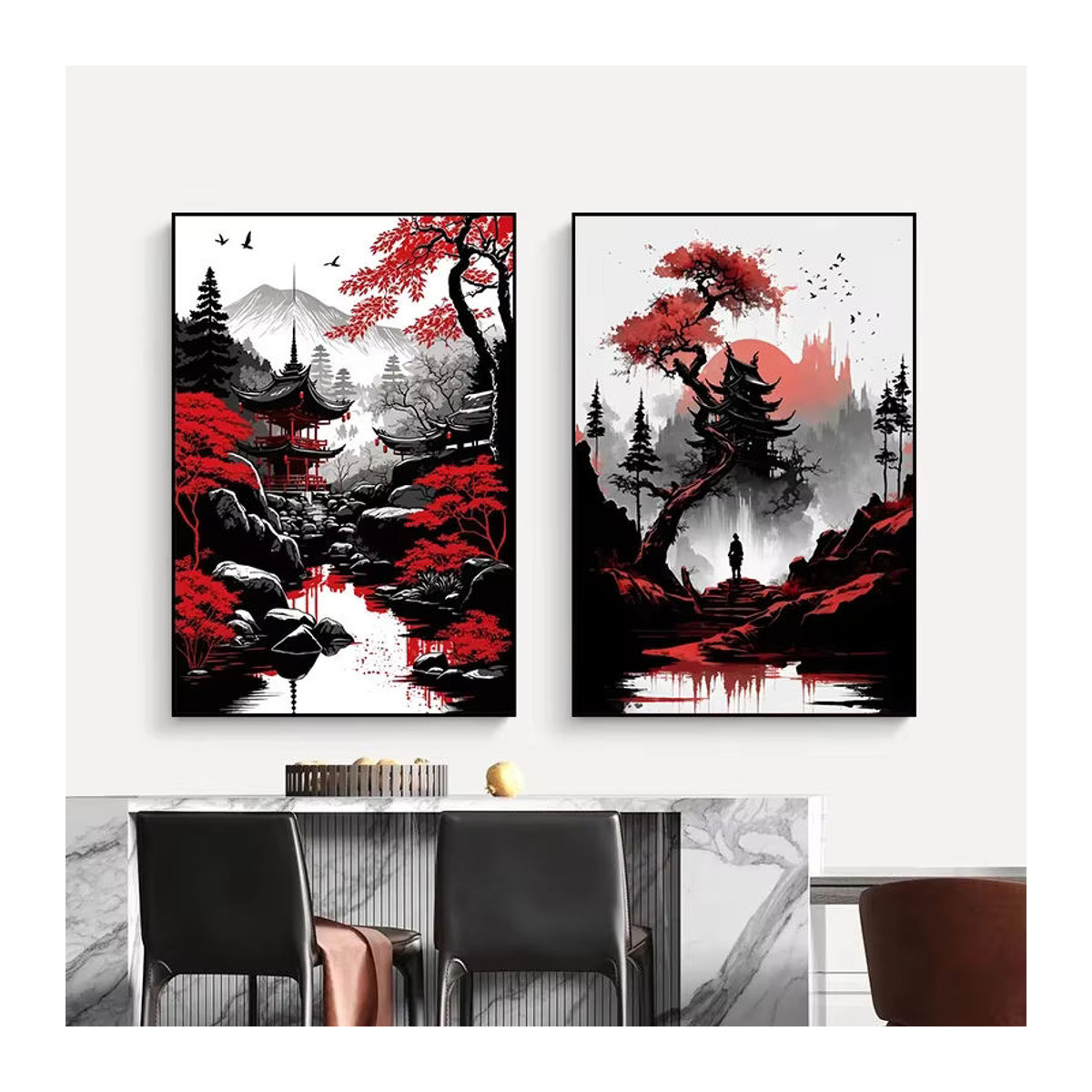 Potdemiel Leinwand Wandbild Japanische Landschaft mit Berg und Tempel in Rot Schwarz Weiß im Vintage Stil - Bild 3