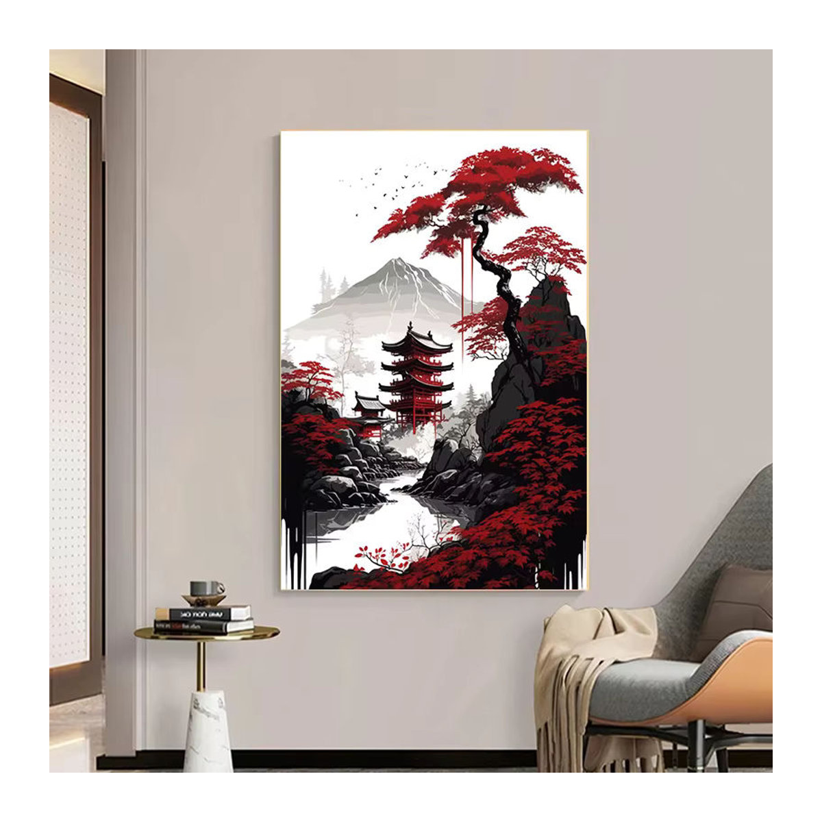 Potdemiel Leinwand Wandbild Japanische Landschaft mit Berg und Tempel in Rot Schwarz Weiß im Vintage Stil - Bild 4