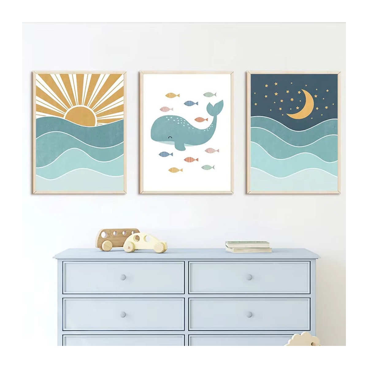 Potdemiel Leinwand Wandbild Maritimes Motiv mit Fisch Wal Möwe und Sonnenuntergang in Mehrfarbig - Bild 1