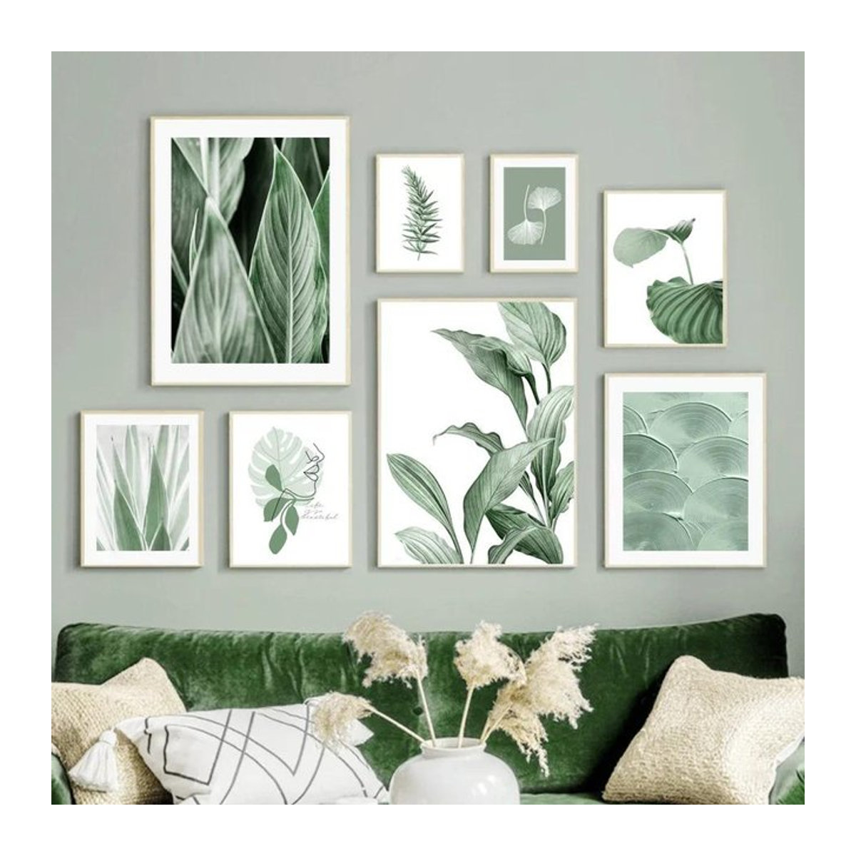 Potdemiel Leinwand Wandbild mit Monstera und Ginkgo Biloba Blättern in Grün im skandinavischen Design - Bild 1