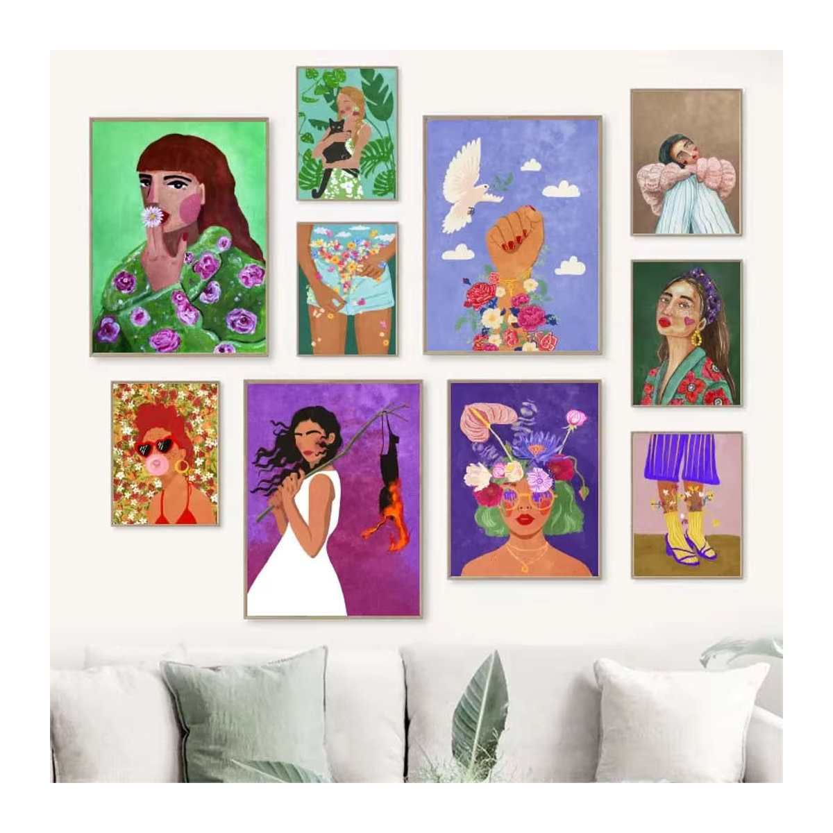 Potdemiel Leinwand Wandkunst Abstrakt Floral mit Blumen im Bohemian Stil, mehrfarbig, Hochformat - Bild 2