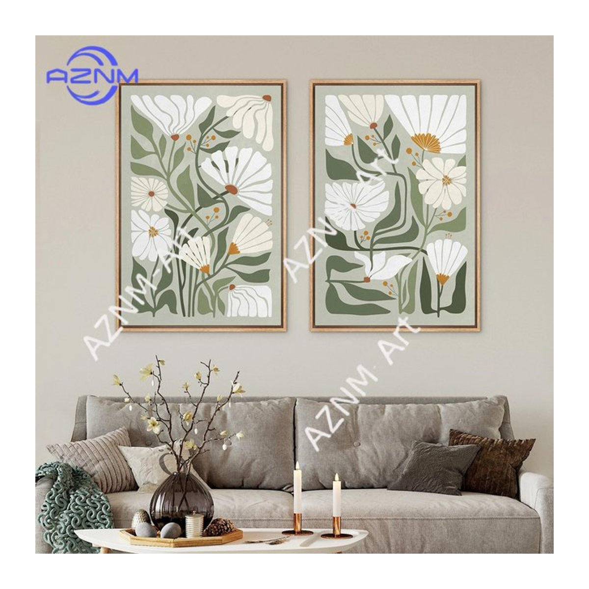 Potdemiel Leinwand-Wandkunst Abstrakt Grüner Botanischer Blumendruck im Boho-Stil für deine Wohnzimmer-Dekoration - Bild 1