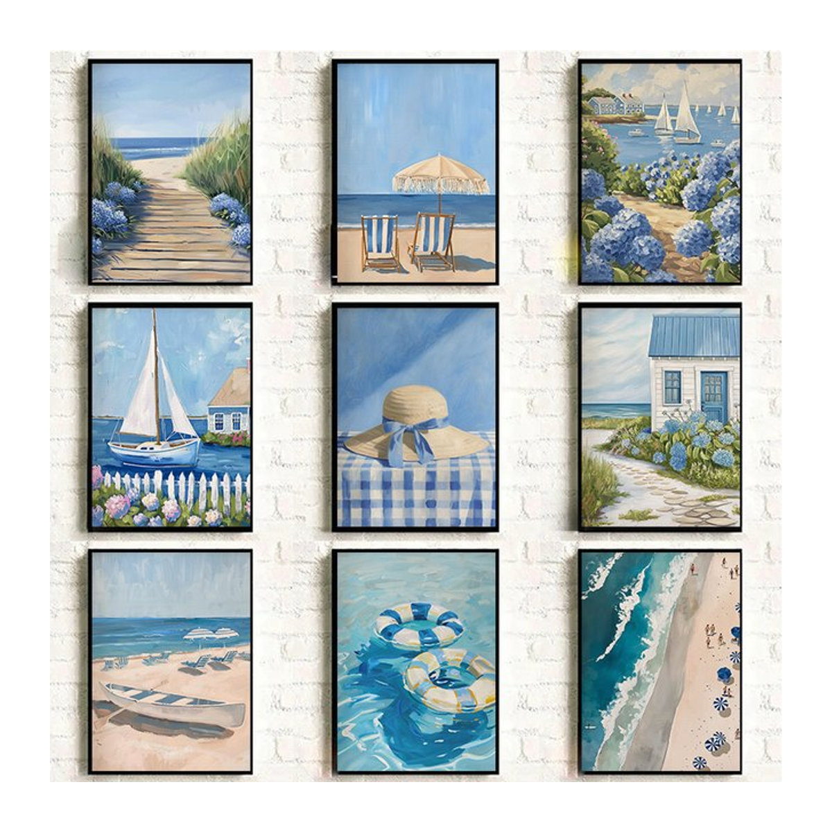 Potdemiel Leinwand Wandkunst Blau Küste mit Segelboot und Hortensien im Hochformat - Bild 1