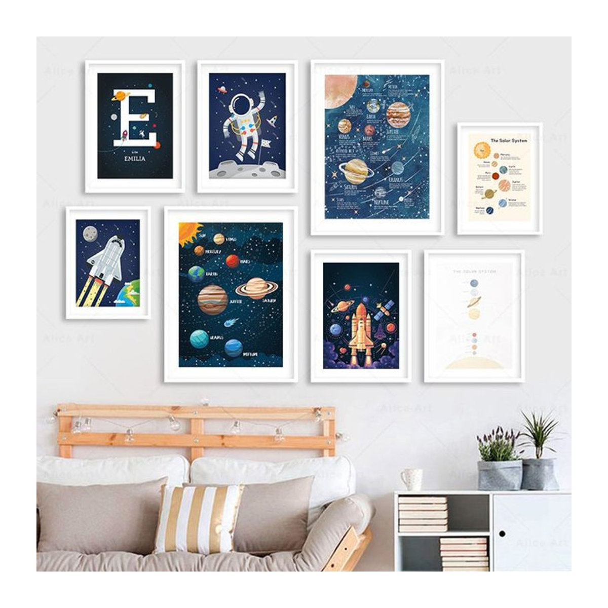 Potdemiel Leinwand Wandkunst für Kinderzimmer mit Rakete, Astronaut und Planeten im skandinavischen Design, mehrfarbig - Bild 1