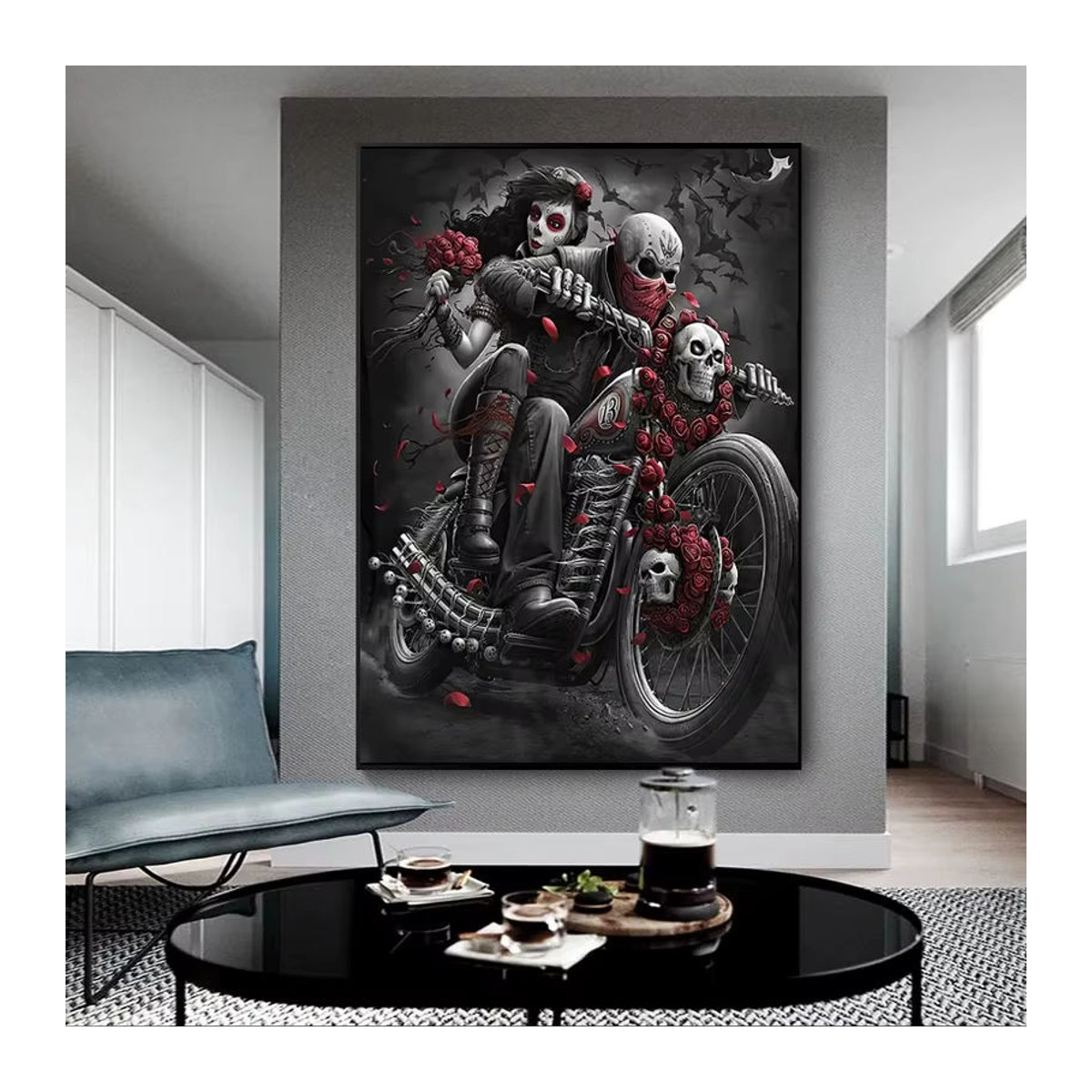 Potdemiel Leinwand Wandkunst Graffiti Tattoo Reiter Chicano Kultur Motorrad Poster in Schwarz und Weiß - Bild 1