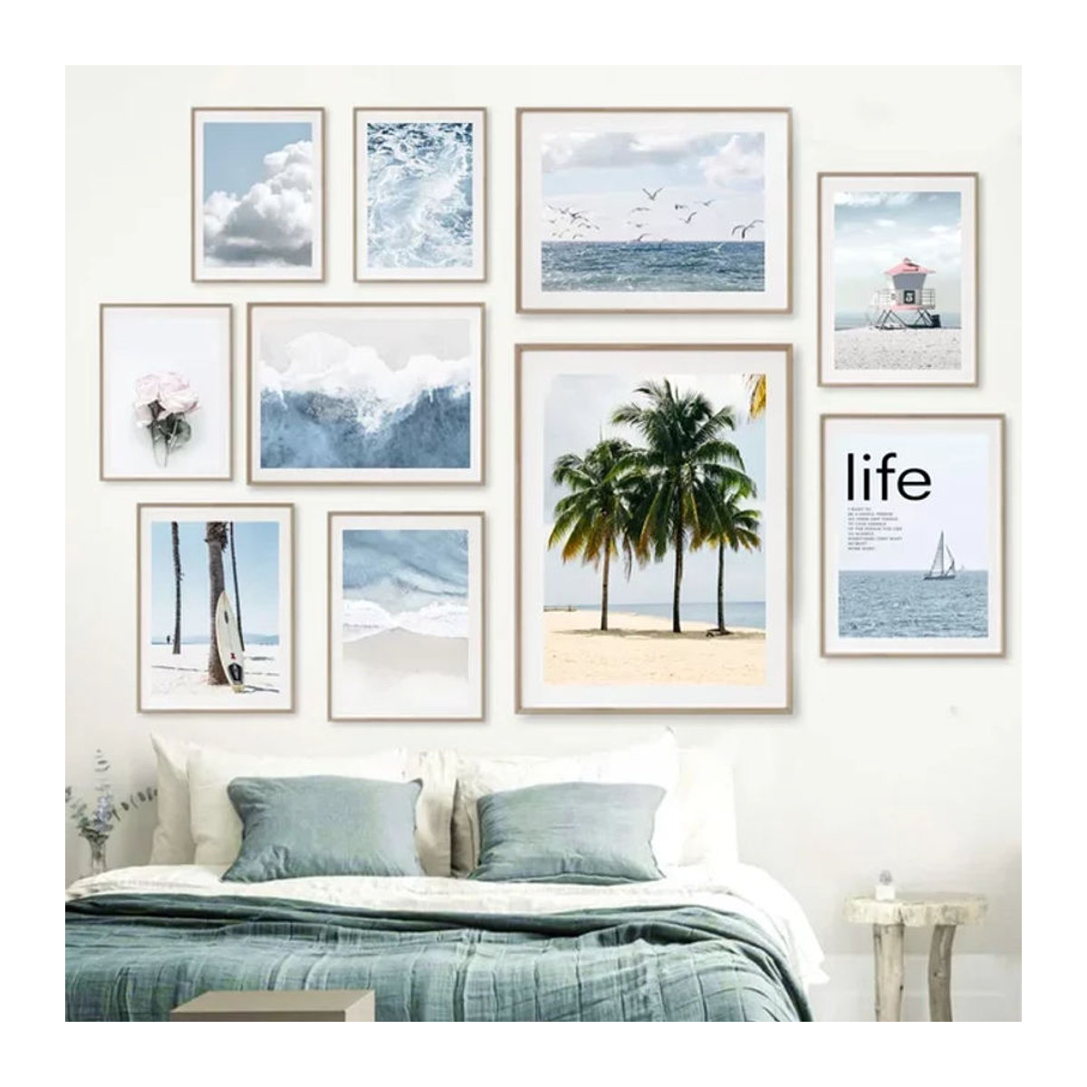 Potdemiel Leinwand Wandkunst mit blauem Meeresvogel, Palme und Surfbrett in modernem maritimem Design - Bild 1