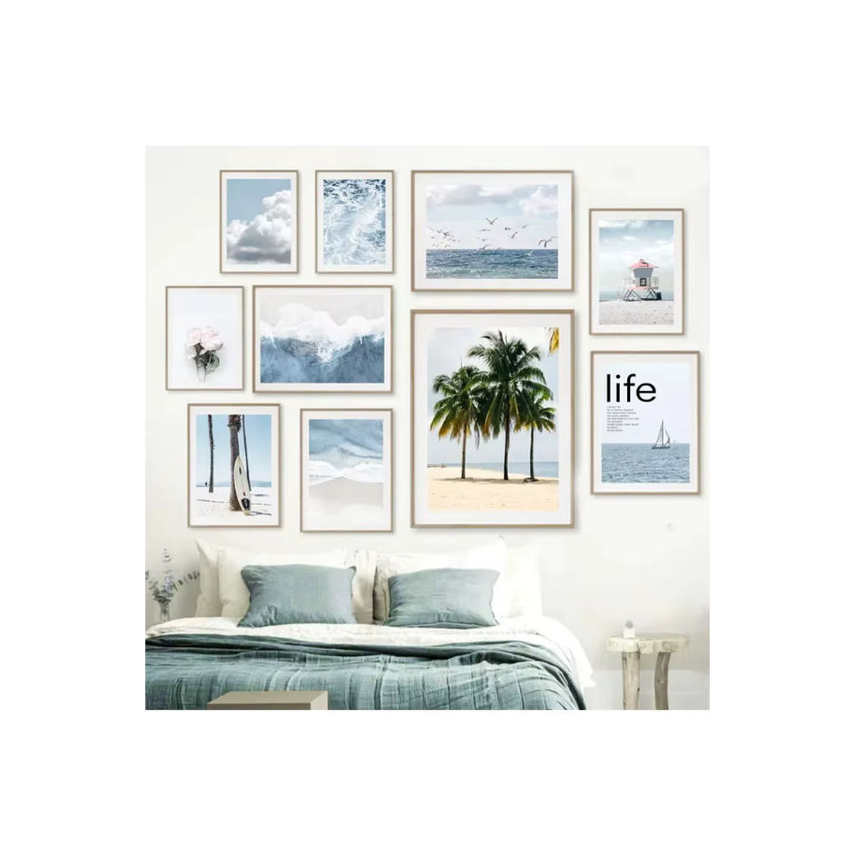 Potdemiel Leinwand Wandkunst mit blauem Meeresvogel, Palme und Surfbrett in modernem maritimem Design - Bild 2