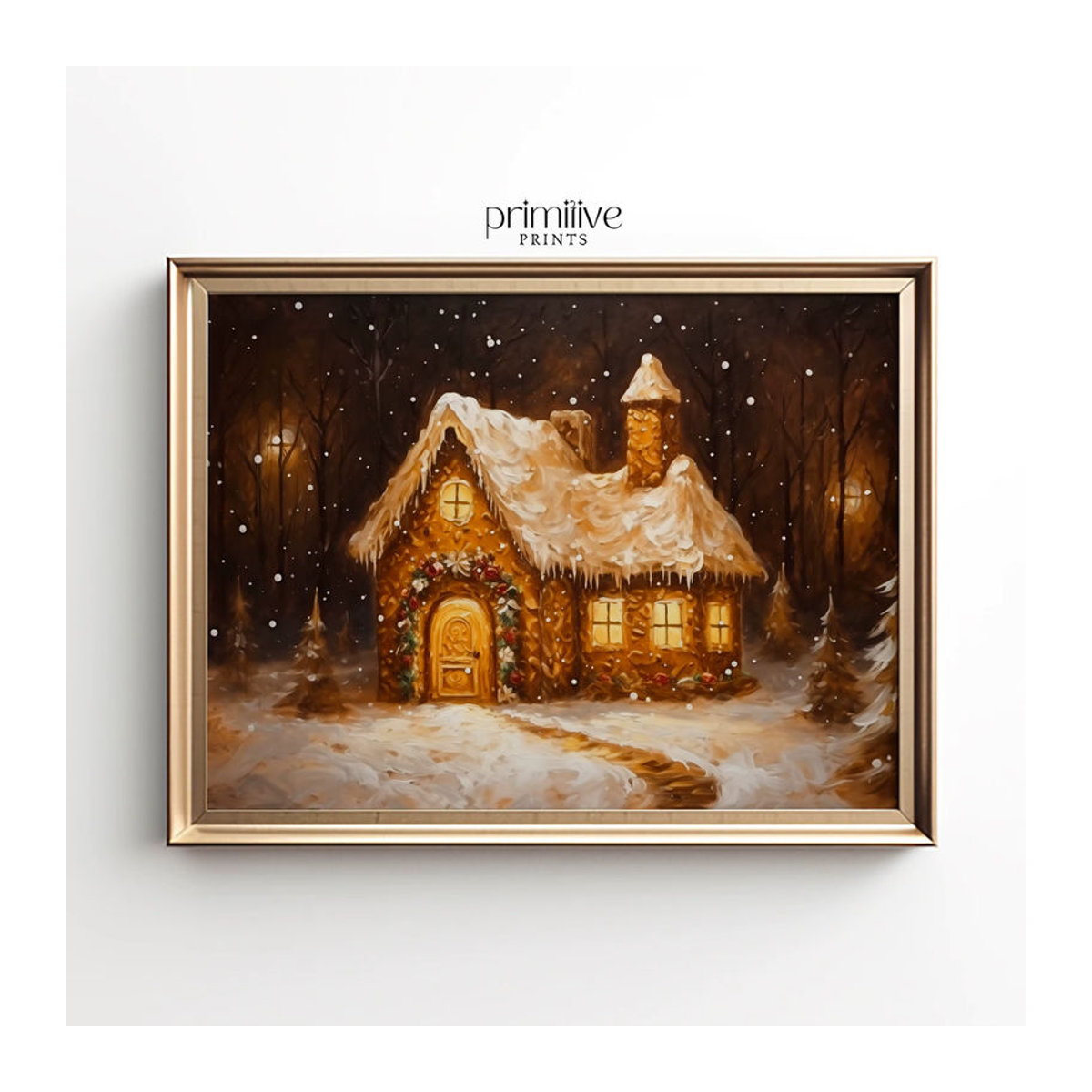 Potdemiel Leinwand Wandkunst mit Lebkuchenhaus, Weihnachtsmann und goldenen Weihnachtsbäumen in Querformat, mehrfarbig Vintage Design - Bild 1