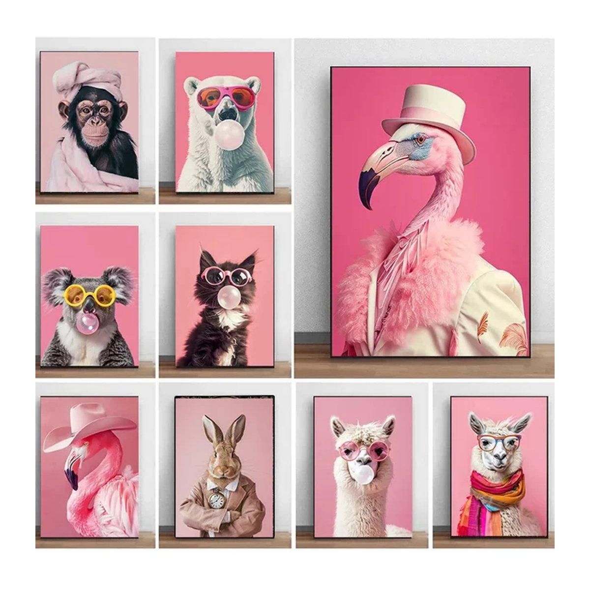 Potdemiel Leinwand Wandkunst mit süßen Tieren in Rosa für Kinderzimmer und Home Decor - Bild 1