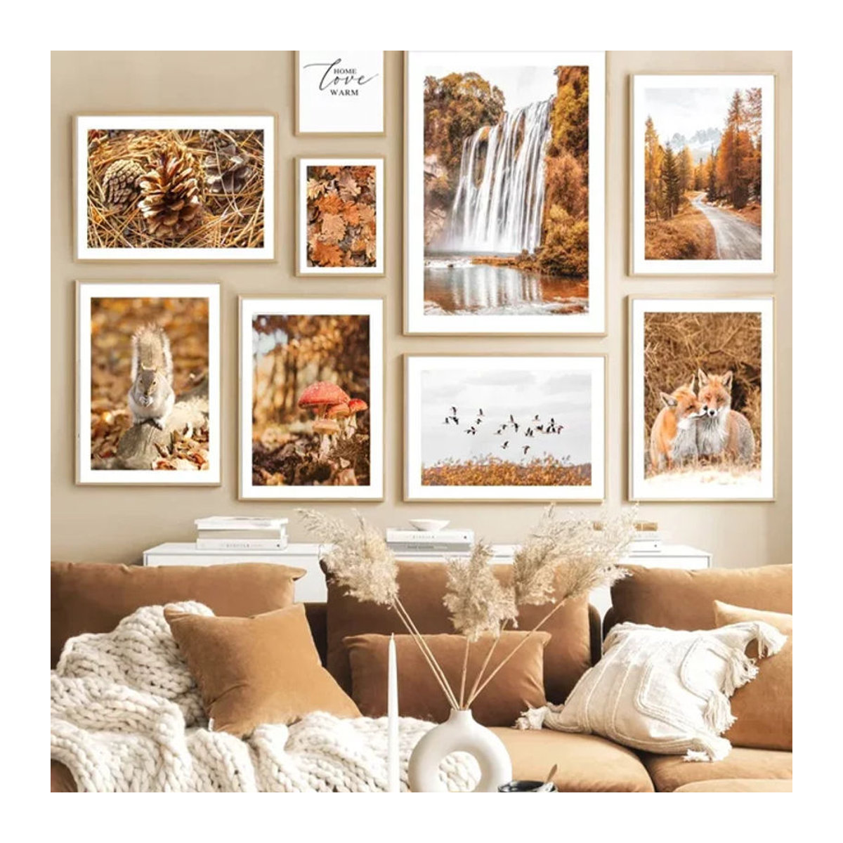 Potdemiel Leinwand Wandkunst mit Waldlandschaft und Tieren in Herbstfarben, Querformat, mehrfarbig - Bild 1
