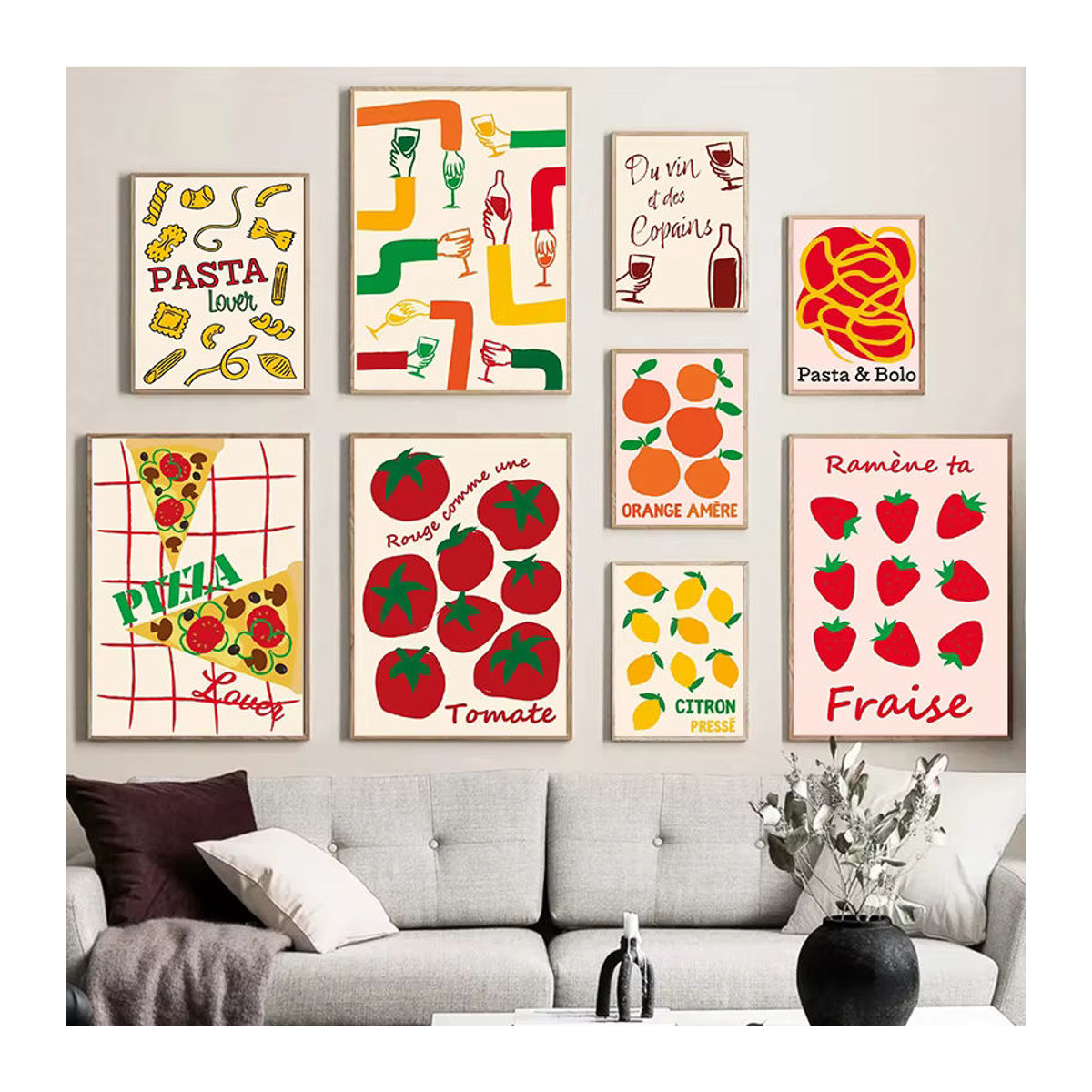 Potdemiel Leinwand Wandkunst mit Zitronen, Erdbeeren, Pizza und Wein in modernem Design, mehrfarbig - Bild 2