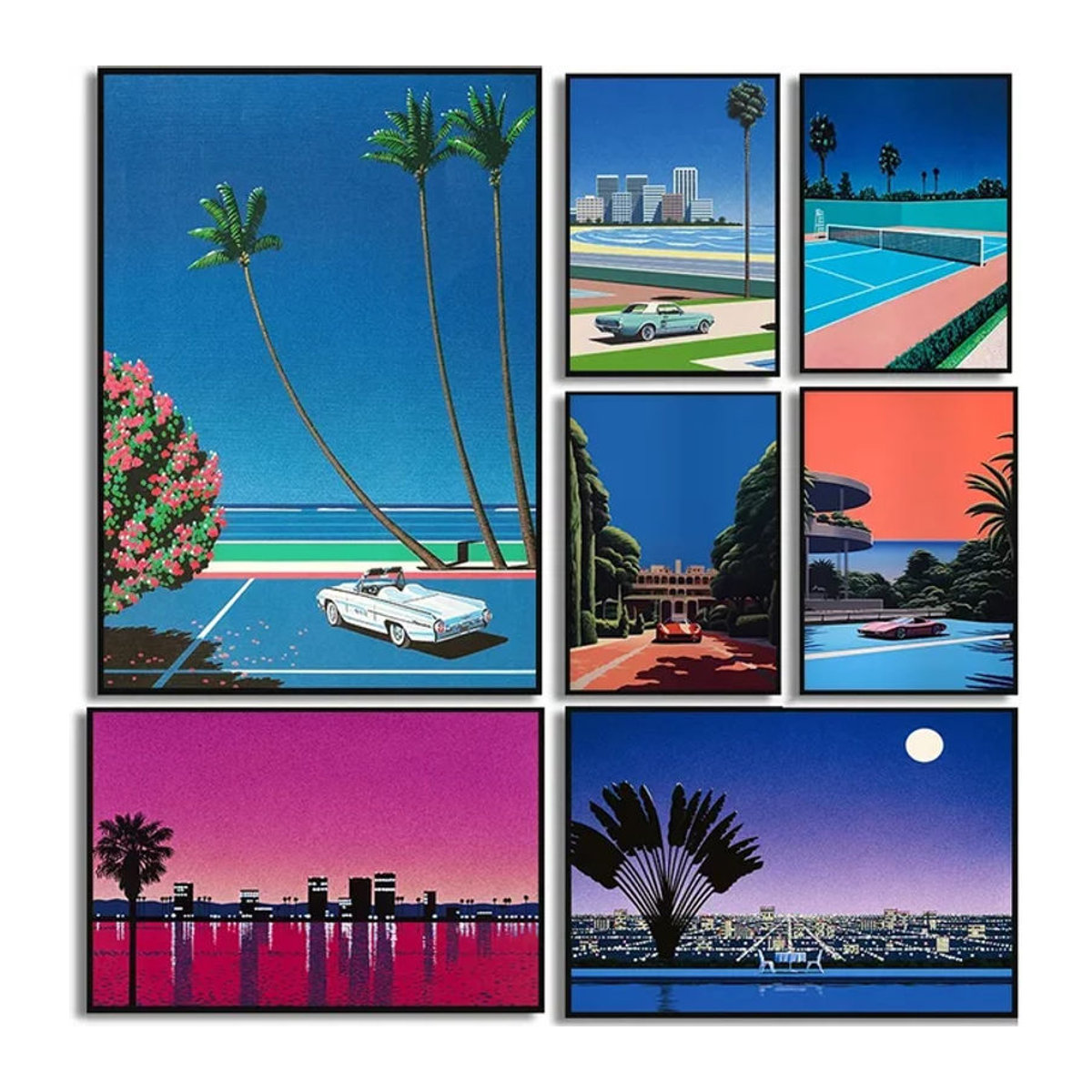 Potdemiel Leinwand Wandkunst Retro Hiroshi Nagai Vaporwave Japanisches Tropical Beach City Car Poster Mehrfarbig - Bild 1