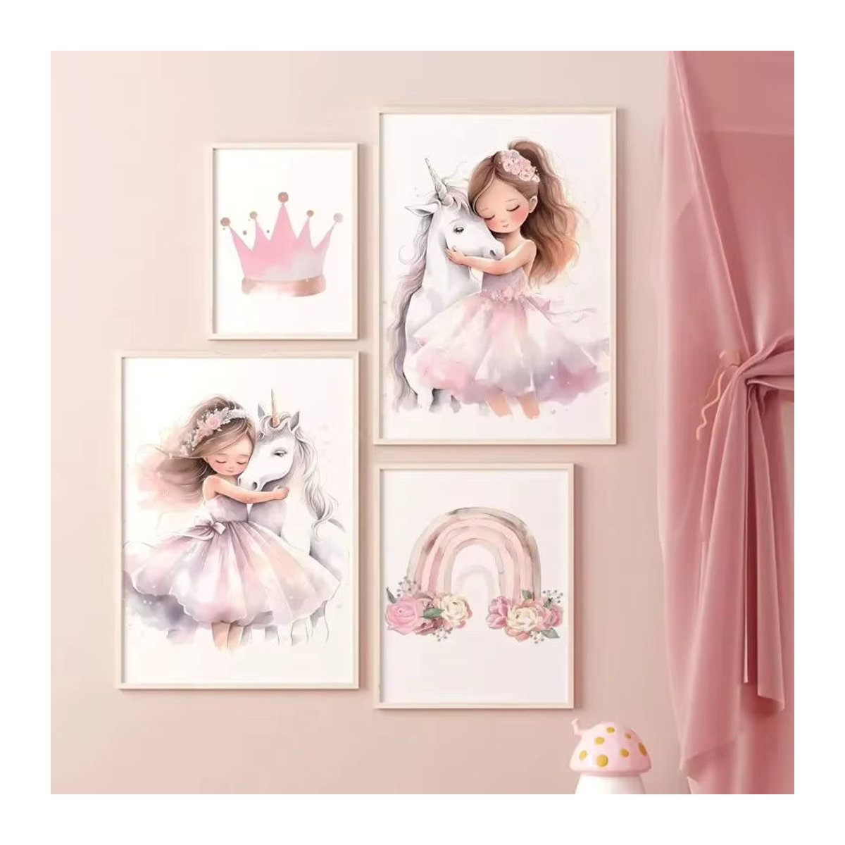 Potdemiel Leinwand Wandkunst Rosa Einhorn Schloss Regenbogen mit personalisierbarem Namen für Kinderzimmer Dekoration - Bild 1