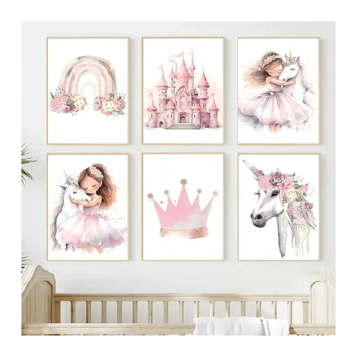 Potdemiel Leinwand Wandkunst Rosa Einhorn Schloss Regenbogen mit personalisierbarem Namen für Kinderzimmer Dekoration - Bild 2