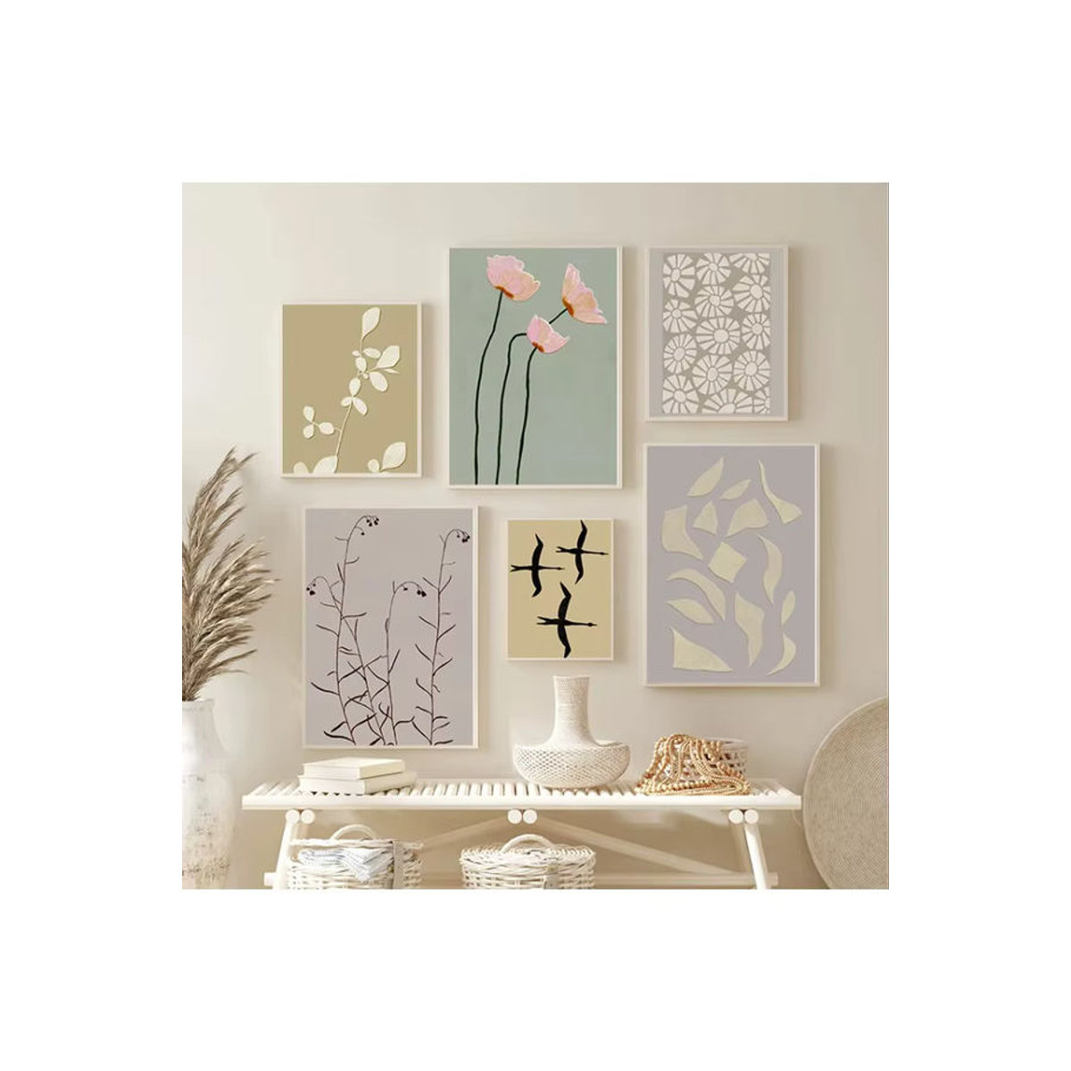 Potdemiel Leinwand Wandkunst Set mit abstrakten floralen und geometrischen Mustern in Grün, 6er Set im Hochformat - Bild 2
