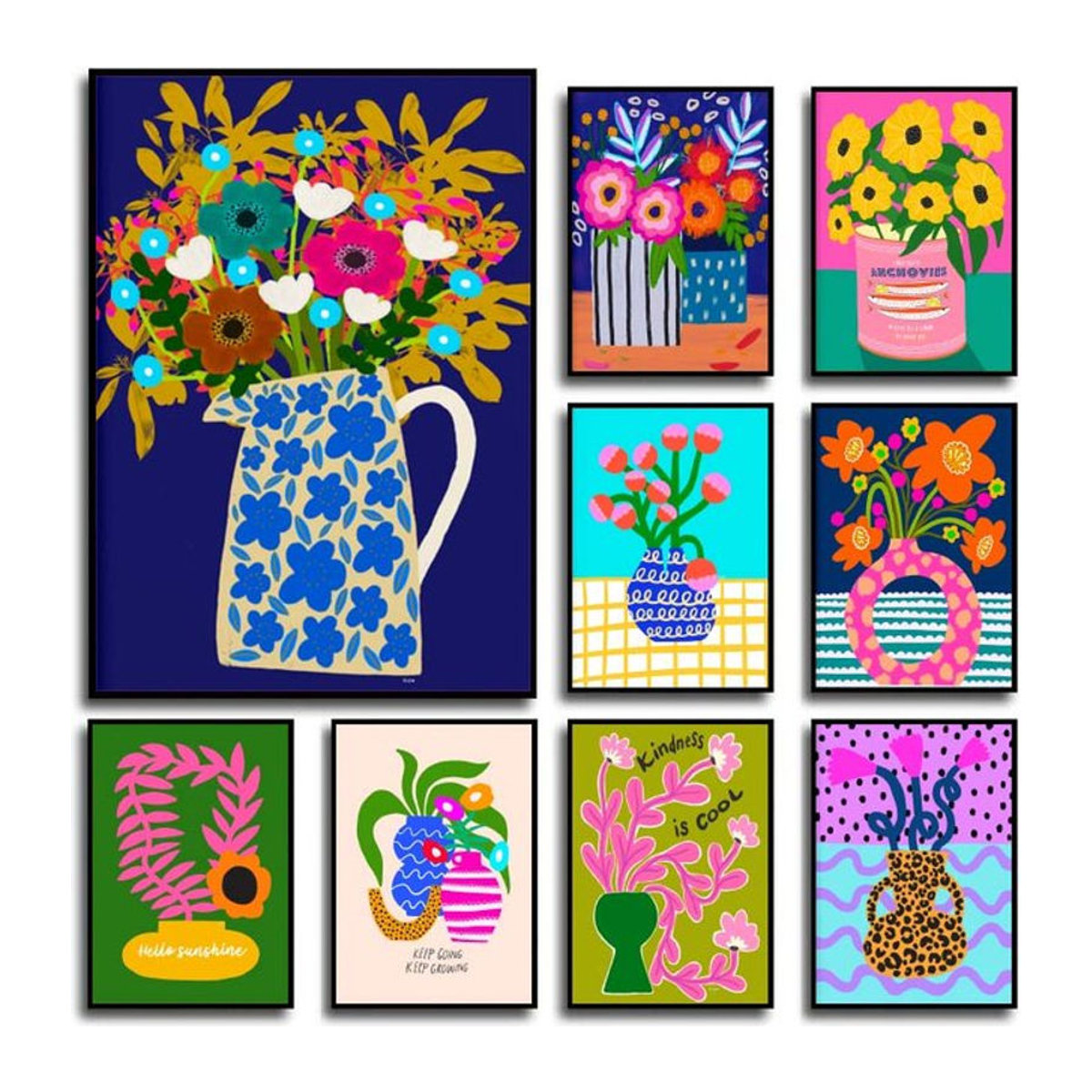 Potdemiel Leinwandbild Floral mit Blumen und Vase in Rosa und Mehrfarbig im skandinavischen Design für deine Wohnzimmer Dekoration - Bild 1