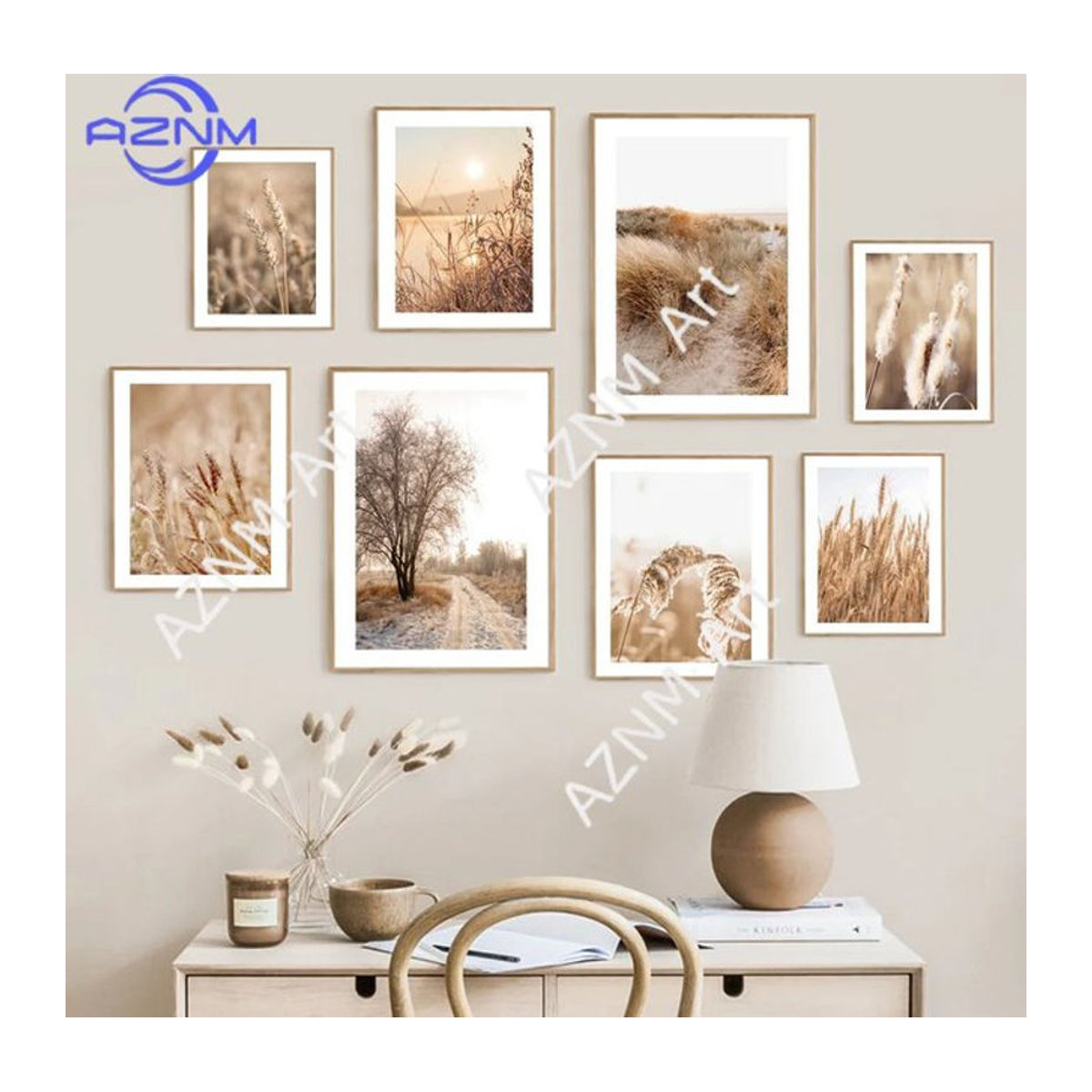 Potdemiel Leinwandbild Herbstliche Landschaft in Beige mit Baumhaus und Sonnenuntergang als skandinavische Wandkunst im Hochformat - Bild 1