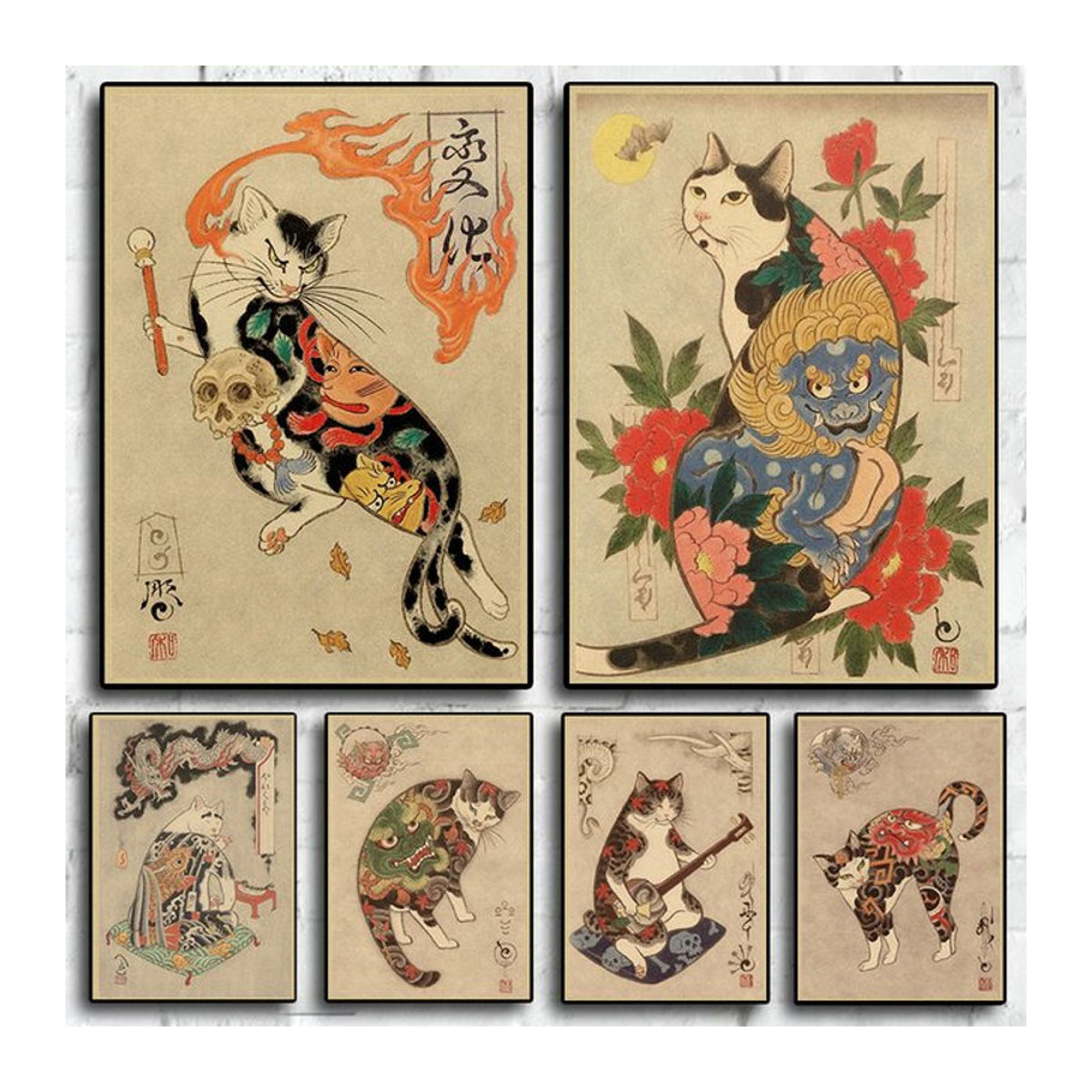 Potdemiel Leinwandbild Japanische Samurai Katze im 80s Retro Stil, Mehrfarbiges Vintage Wandbild für Wohnzimmer und Café - Bild 1
