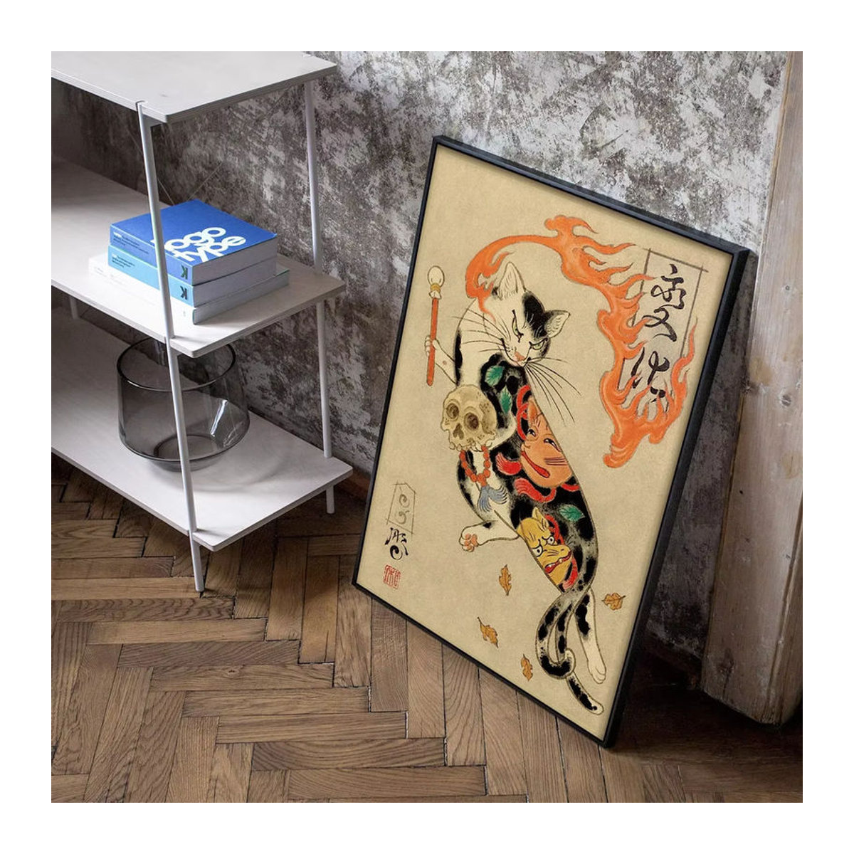 Potdemiel Leinwandbild Japanische Samurai Katze im 80s Retro Stil, Mehrfarbiges Vintage Wandbild für Wohnzimmer und Café - Bild 2