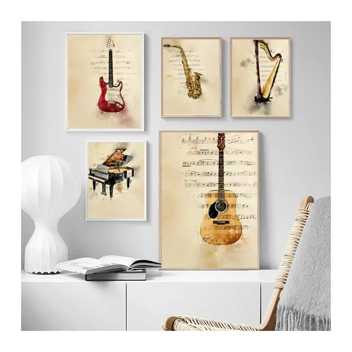 Potdemiel Leinwandbild Musikinstrumente Klavier und Gitarre im Vintage Stil, Beige, Wandkunst mit Noten für dein Zuhause - Bild 1