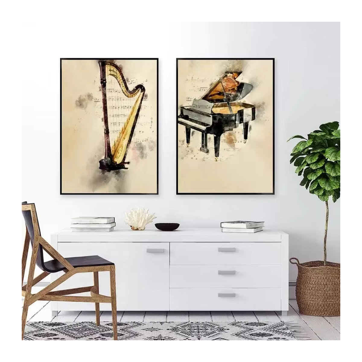 Potdemiel Leinwandbild Musikinstrumente Klavier und Gitarre im Vintage Stil, Beige, Wandkunst mit Noten für dein Zuhause - Bild 2
