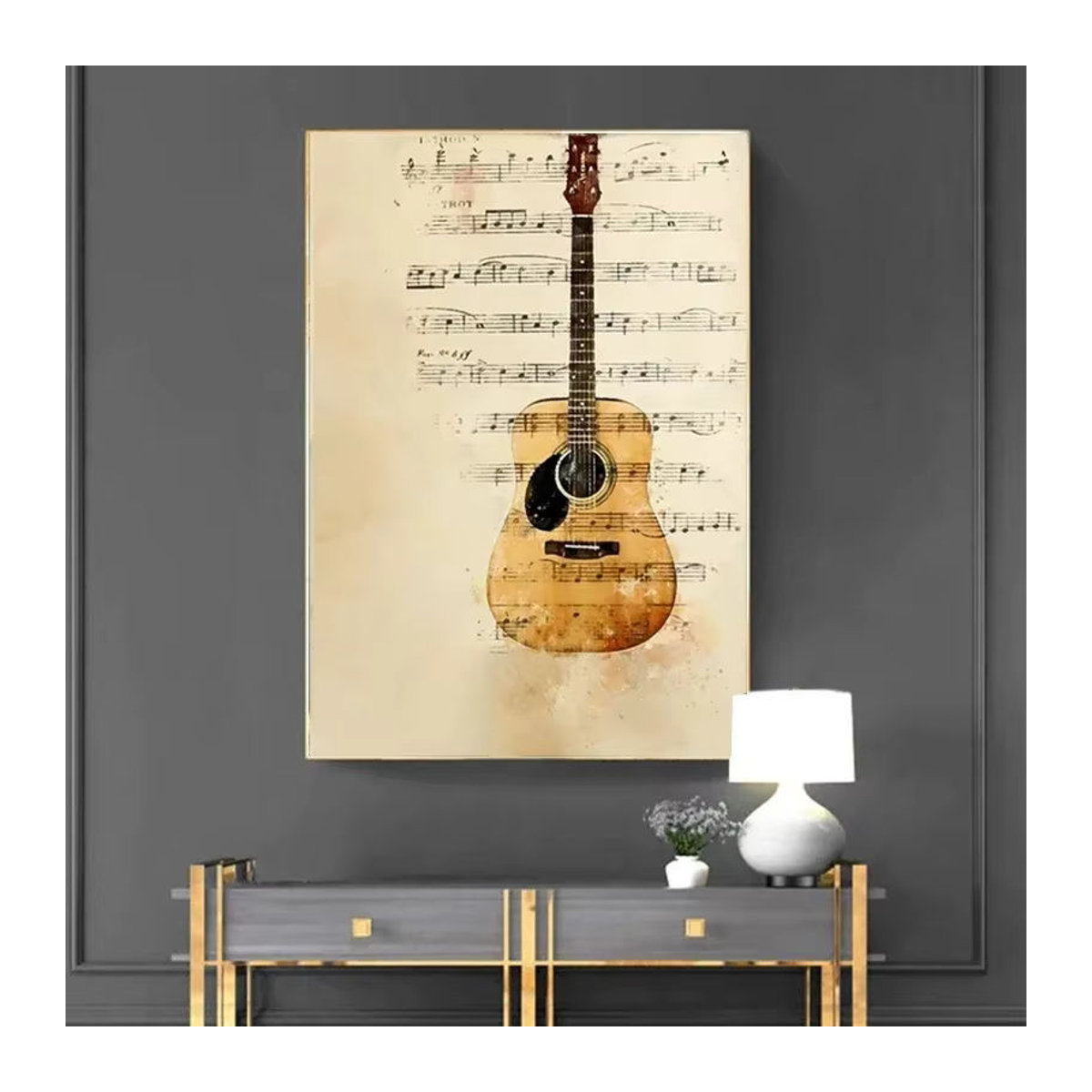 Potdemiel Leinwandbild Musikinstrumente Klavier und Gitarre im Vintage Stil, Beige, Wandkunst mit Noten für dein Zuhause - Bild 3