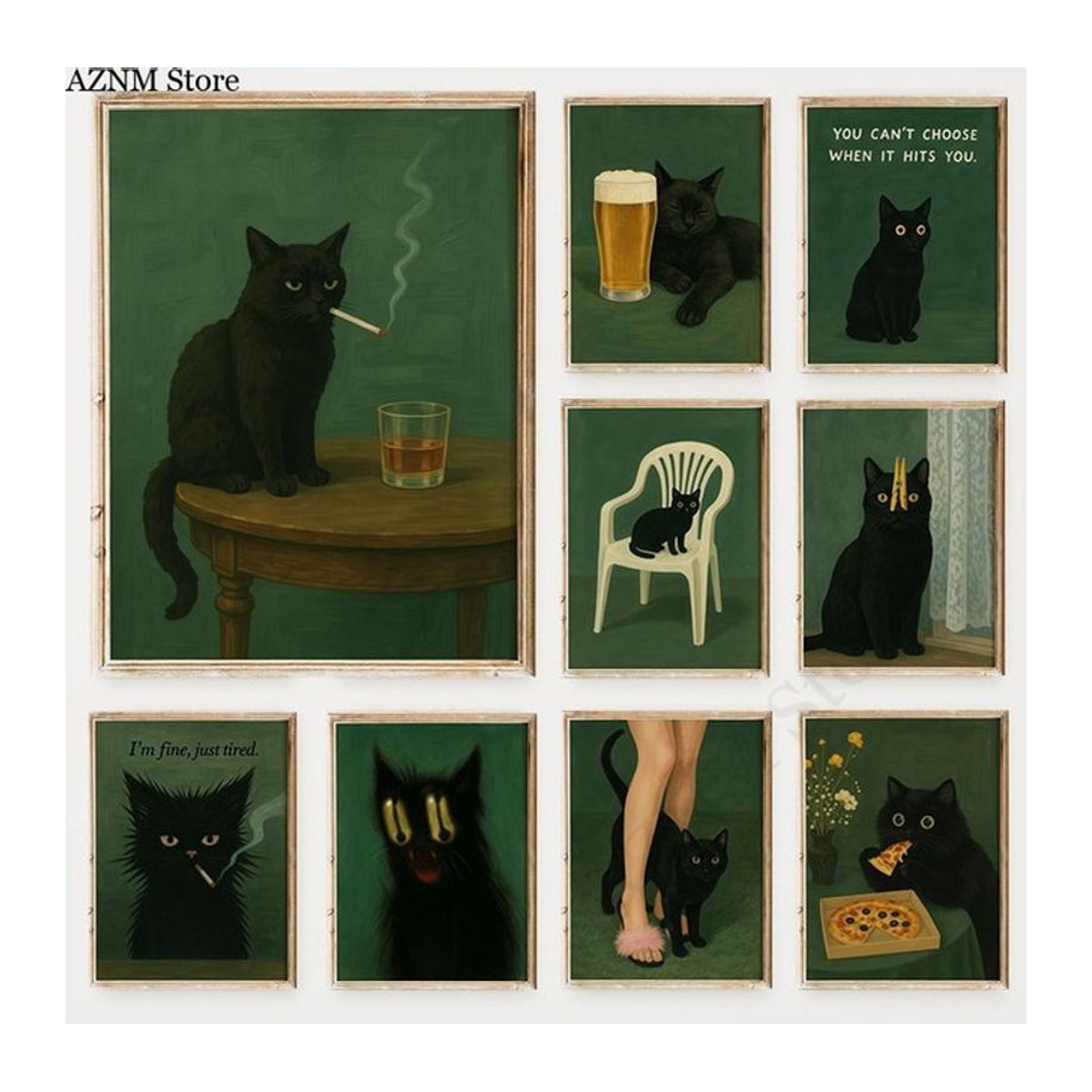 Potdemiel Leinwanddruck Schwarzes Katzen-Poster mit grünem Hintergrund und Whiskey-Motiv im Vintage-Stil für deine Wanddekoration - Bild 1