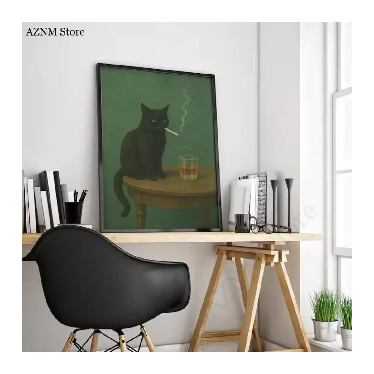 Potdemiel Leinwanddruck Schwarzes Katzen-Poster mit grünem Hintergrund und Whiskey-Motiv im Vintage-Stil für deine Wanddekoration - Bild 2